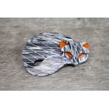 Lea Stein style Gomina sleeping cat brooch, silver, grey and orange colourway