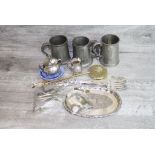 Collection of silver plate, pewter, decorative fish servers, loose UK and World coins etc