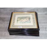 Framed set of six hand coloured Erotic engravings, marked "Rowlandson 1799"