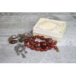 Vintage silver pendant necklace, cannetille style decoration; hardstone bracelet, glass bead