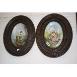 Pair of 19th Century French hand painted Porcelain plates of Ladies with repousse work Copper