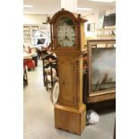 19th century Pine Longcase Clock with Arched Face, Pendulum and Weight