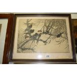 Oriental School, Fine Framed Japanese Woodblock Study of Songbirds perched in a Tree inscribed on