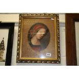 Pierced Gilt Framed Oval Oil Painting of a Pensive Classical Woman in Traditional Dress