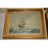 Framed set of three oil paintings of Sailing Ships in 19th Century style and a framed Oil on board