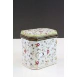 Ceramic box with Brass hinged ceramic lid and Famille Rose style pattern