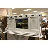White Painted Hanging Hall Mirror with Slatted Hat Shelf above and Seven Wrought Iron Coat Hooks,