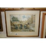 Framed & glazed Watercolour of Pultney Bridge, Bath by Alfred A Longden 1948