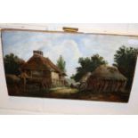 Antique Oil on Board Rural Scene with Cottages and Figure and Dog