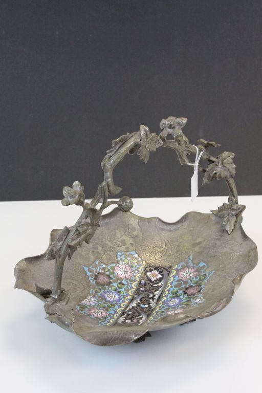 Oriental Silver Plated Fruit Bowl with ' Vine ' Handle and Part Cloisonne Decoration to Bowl