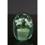 Victorian Green Glass Dump Paperweight inset with Three Flower Heads
