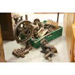 Collection of vintage tools to include Pillar Drill, wood planes, hammers, Floor Board Clamps, etc