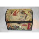 Domed Top Trunk covered in a Tapestry Style Fabric depicting an 18th centurty Wine Making Scene,