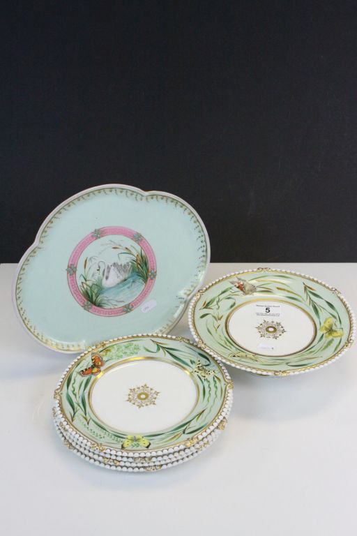 Small collection of 19th Century ceramic plates and cake stand with hand painted Butterfly - Image 2 of 7