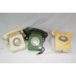 Three vintage Telephones, one in Green the other two Cream