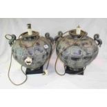 Large pair of Bronze effect Oriental style Lamps of bulbous form with Dragon handles