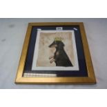 Framed and glazed picture of a Dachshund wearing a Crown and signed "S Georgieff 2010"