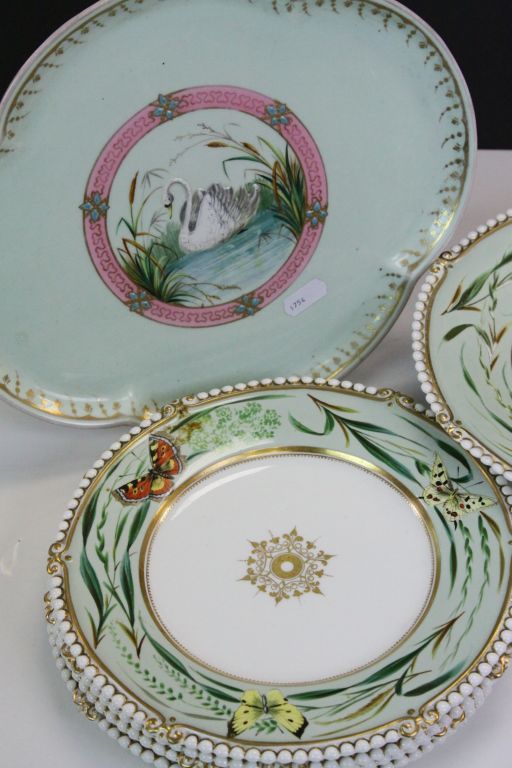Small collection of 19th Century ceramic plates and cake stand with hand painted Butterfly - Image 3 of 7