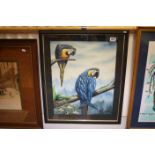 Framed Oil Painting of Two Blue Macaw Parrots on Tree Branches signed