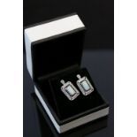 Pair of synthetic opal and CZ silver Art Deco style drop earrings, rectangular cabochon cut