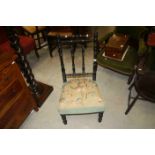 Victorian Ebonised Chair with Turned Supports and Stuffed Floral Needlework Seat