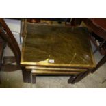 Nest of Three Wooden and Brass Bound Tables with Glass Tops