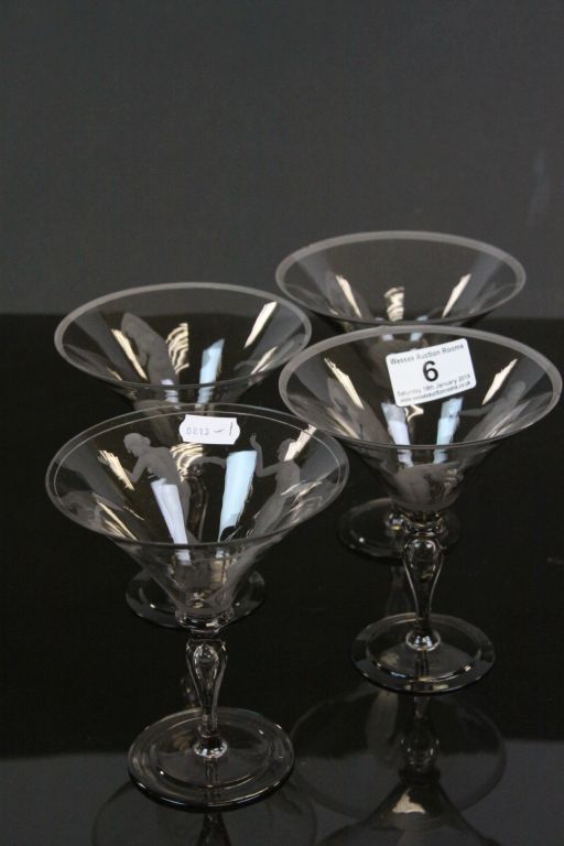Four Champagne glasses, Scandanavian style with engraved Dancing Nude female figures - Image 2 of 9