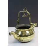 Unusual 19th century Heavy Brass or Bronze Cauldron with Double Pouring Spout and Figural