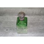 Edwardian silver topped cut glass scent bottle, green and colourless two tone glass, screw top,