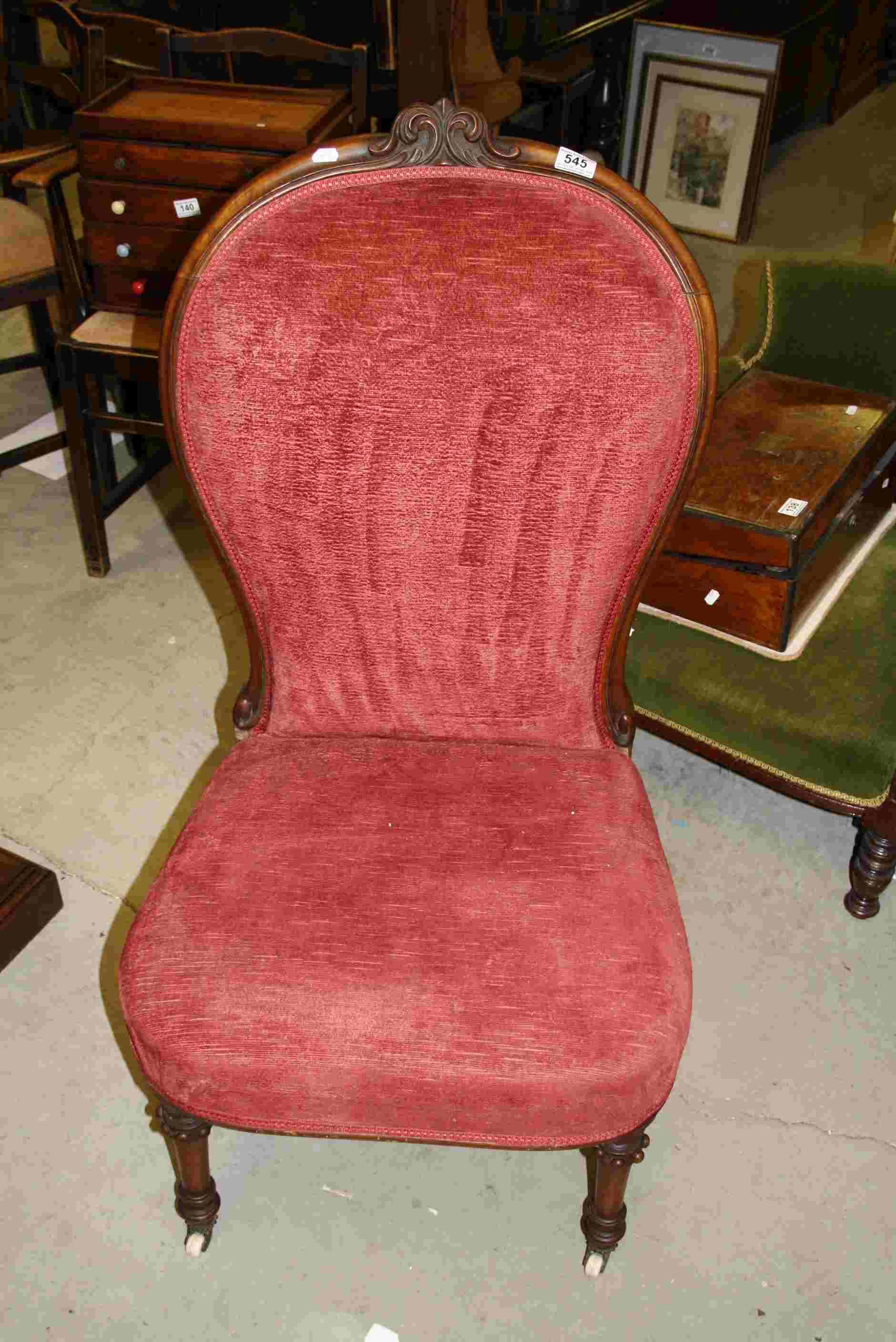 19th century Walnut Framed and Red Upholstered Balloon Back Nursing Chair raised on Turned Front - Image 2 of 3