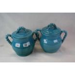 Pair of Persian Cyan Blue Glazed Lidded Pots with Rope Effect Handles, 28cms high