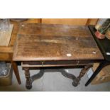 Antique Oak Dutch Style Side Table with Single Drawer raised on Turned and Block Legs joined by a