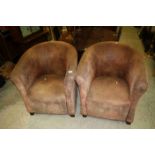 Pair of Contemporary Brown Nubuck Leather Upholstered Tub Chairs