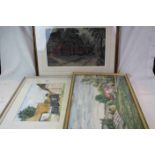 20th century Watercolour Farm Scene with Farmer and Chickens together with Two Other Farm Scene