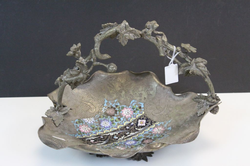 Oriental Silver Plated Fruit Bowl with ' Vine ' Handle and Part Cloisonne Decoration to Bowl - Image 2 of 6