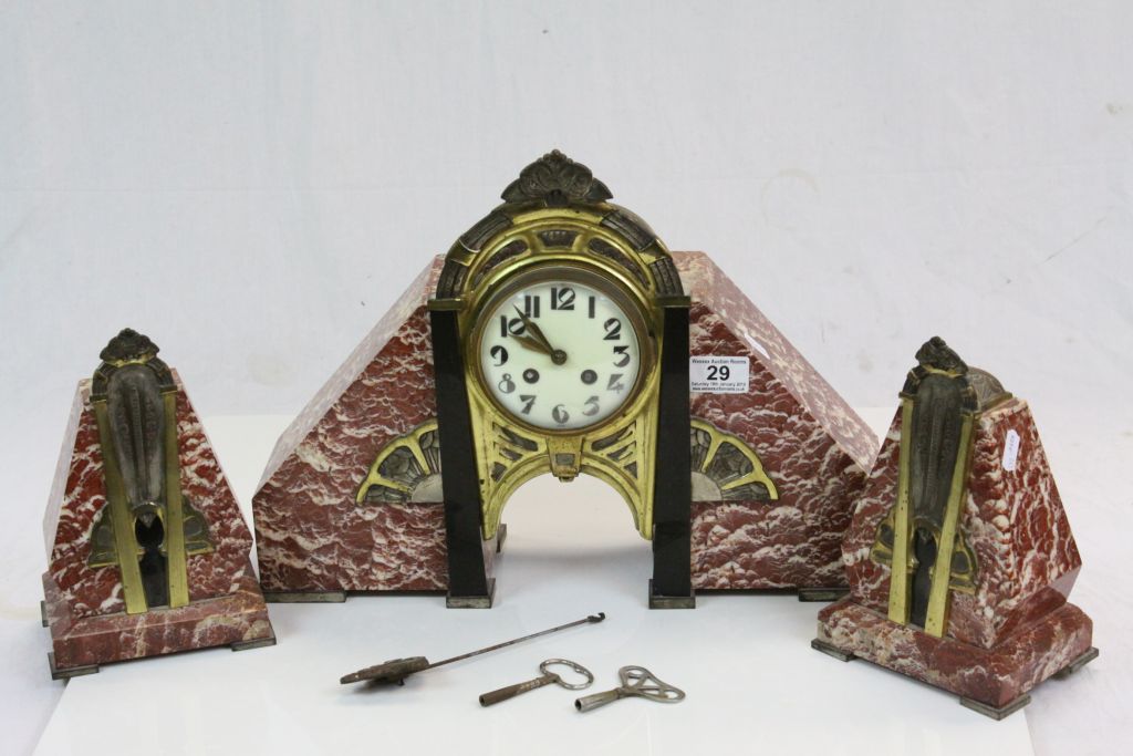 French Art Deco Marble & Brass Mantle clock with Garnitures, pendulum & keys