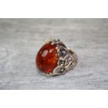 Large Silver and Amber Style Dress Ring