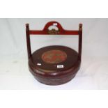 Oriental Red Lacquered Circular Box and Cover with Carrying Handle