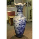 Large 19th century Chinese Style Blue and White Fluted Vase decorated with Birds, Flora and Fauna,