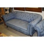 Victorian Chesterfield Sofa with Blue Button Back Fabric Upholstery raised on Turned Wooden Legs