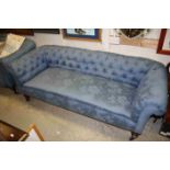 Victorian Chesterfield Sofa with Blue Button Back Fabric Upholstery raised on Turned Wooden Legs