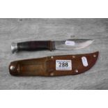 J.A. Hellberg Eskilstuna Sweden hunting knife, with leather sheath, length approximately 22cm