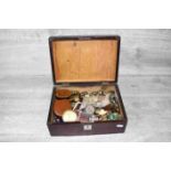 Wooden Box of Mixed Collectables to include Buttons, Enamel Boxes, Snuff Boxes, Vintage Costume