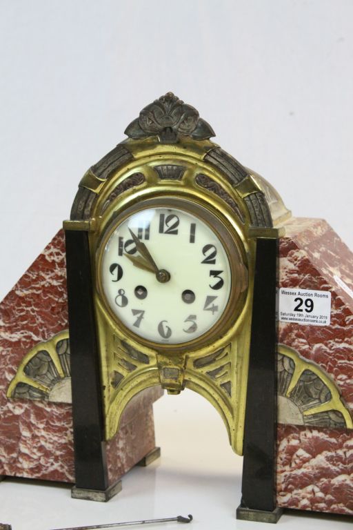 French Art Deco Marble & Brass Mantle clock with Garnitures, pendulum & keys - Image 2 of 7