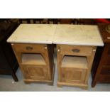 Pair of 19th century Pine Bedside Cabinets with Marble Tops above Single Drawers, Pot Shelves and