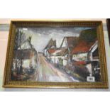 Vintage Oil Painting on Board Village Street Scene signed M. Valminck