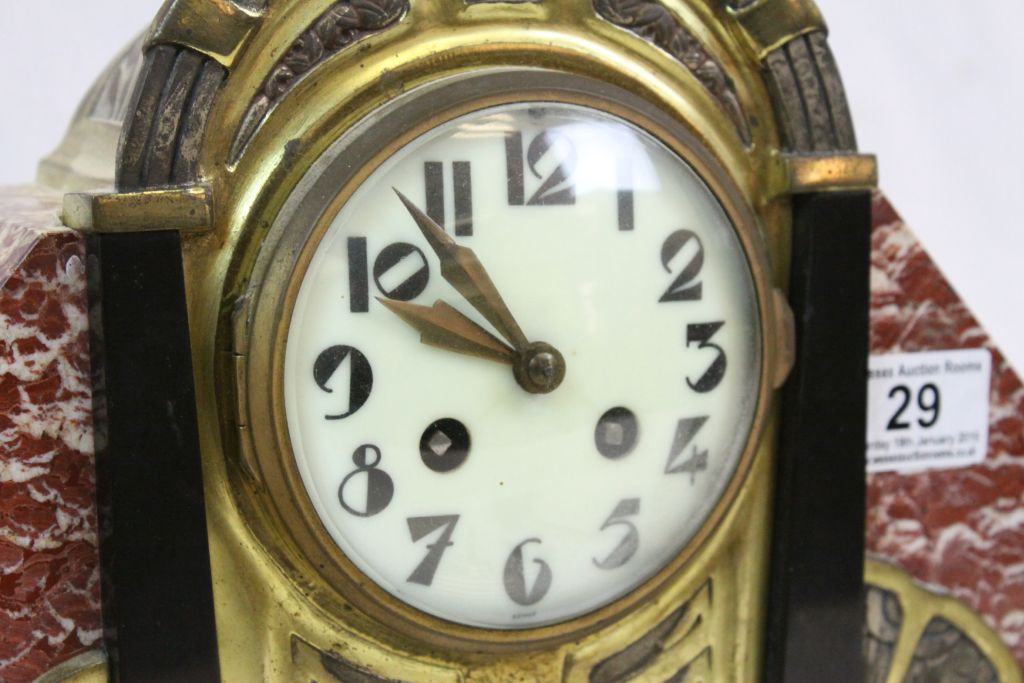 French Art Deco Marble & Brass Mantle clock with Garnitures, pendulum & keys - Image 5 of 7