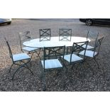 Pierre Vandel - French Designer Glass Top and Metal Dining Table (202cms long) together with Eight