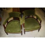 Pair of Edwardian Low Salon / Parlour Tub Chairs each Upholstered in Green Fabric and raised on