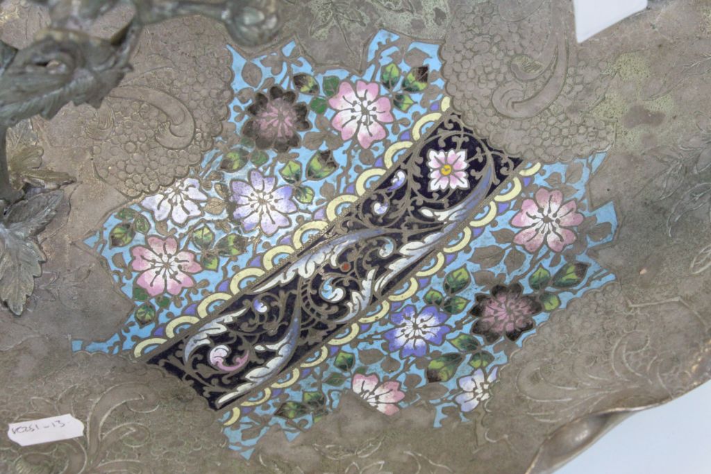 Oriental Silver Plated Fruit Bowl with ' Vine ' Handle and Part Cloisonne Decoration to Bowl - Image 3 of 6